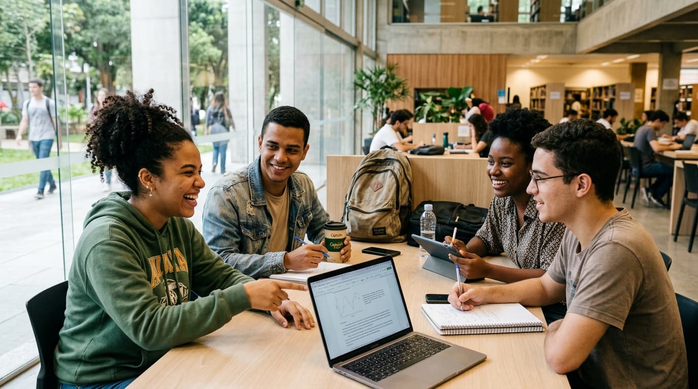 Estudantes de administração da faculdade reunidos estudando e conversando em um ambiente colaborativo e moderno