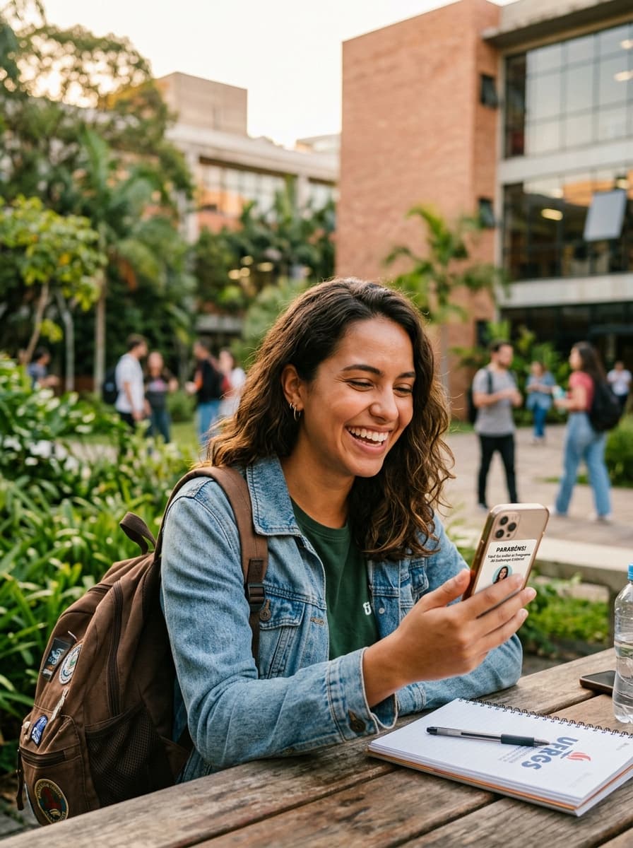 Estudante universitária sorrindo ao visualizar o resultado do quiz no celular no campus da faculdade